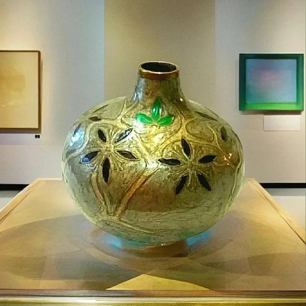 Boho Vintage Cloisonné Vase Brass Floral 7" x 6
